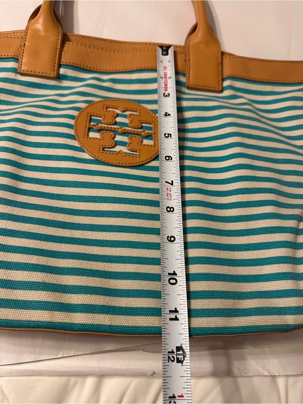 Tory Burch Teal and Cream Striped Canvas Small Sophia Tote with Tan Leather Trim - Picture 14 of 16